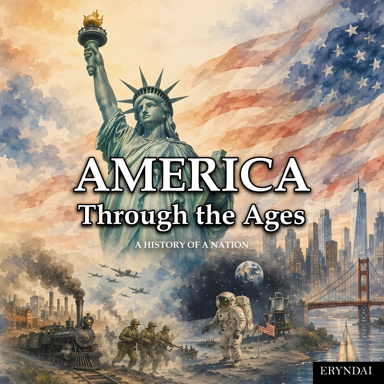 America Through the Ages: A History of a Nation. ERYNDAI's illustrated cover featuring the Statue of Liberty and scenes from American history.